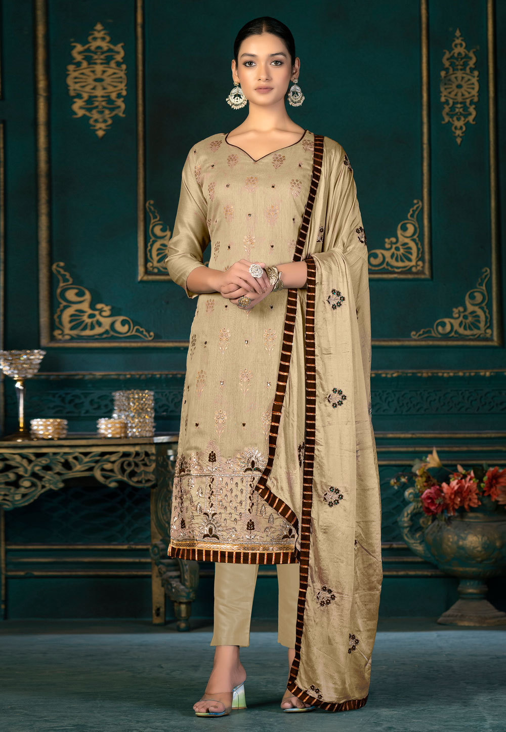 Beige Chanderi Pakistani Suit 267475
