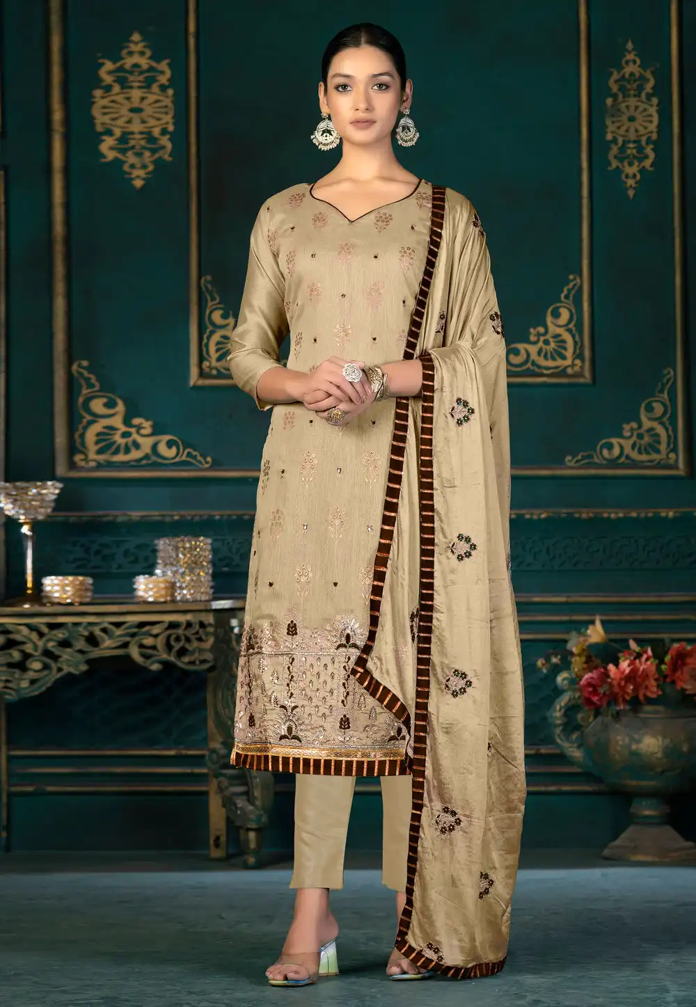 Beige Chanderi Pakistani Suit 267475