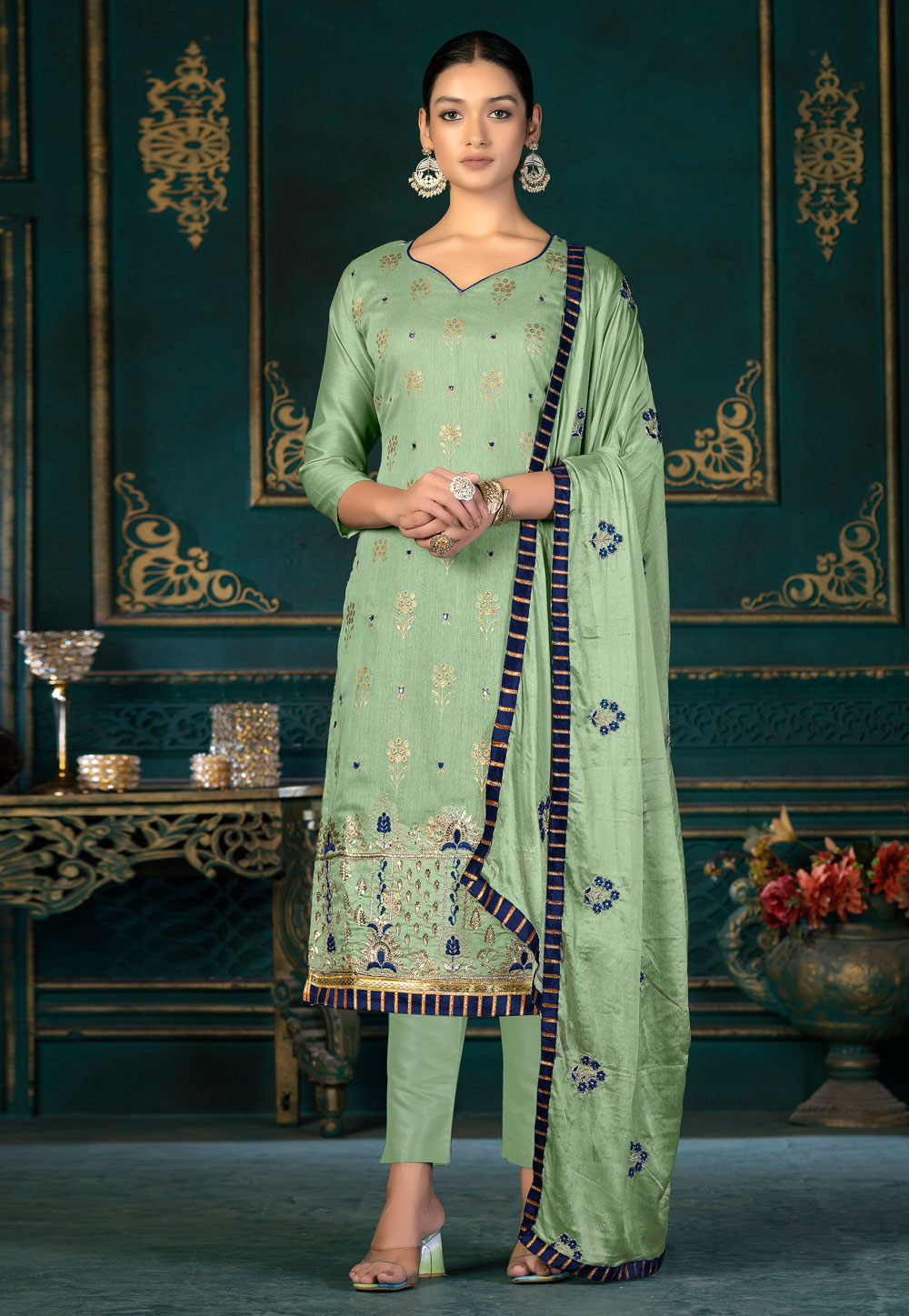 Pista Green Chanderi Pant Style Suit 267476