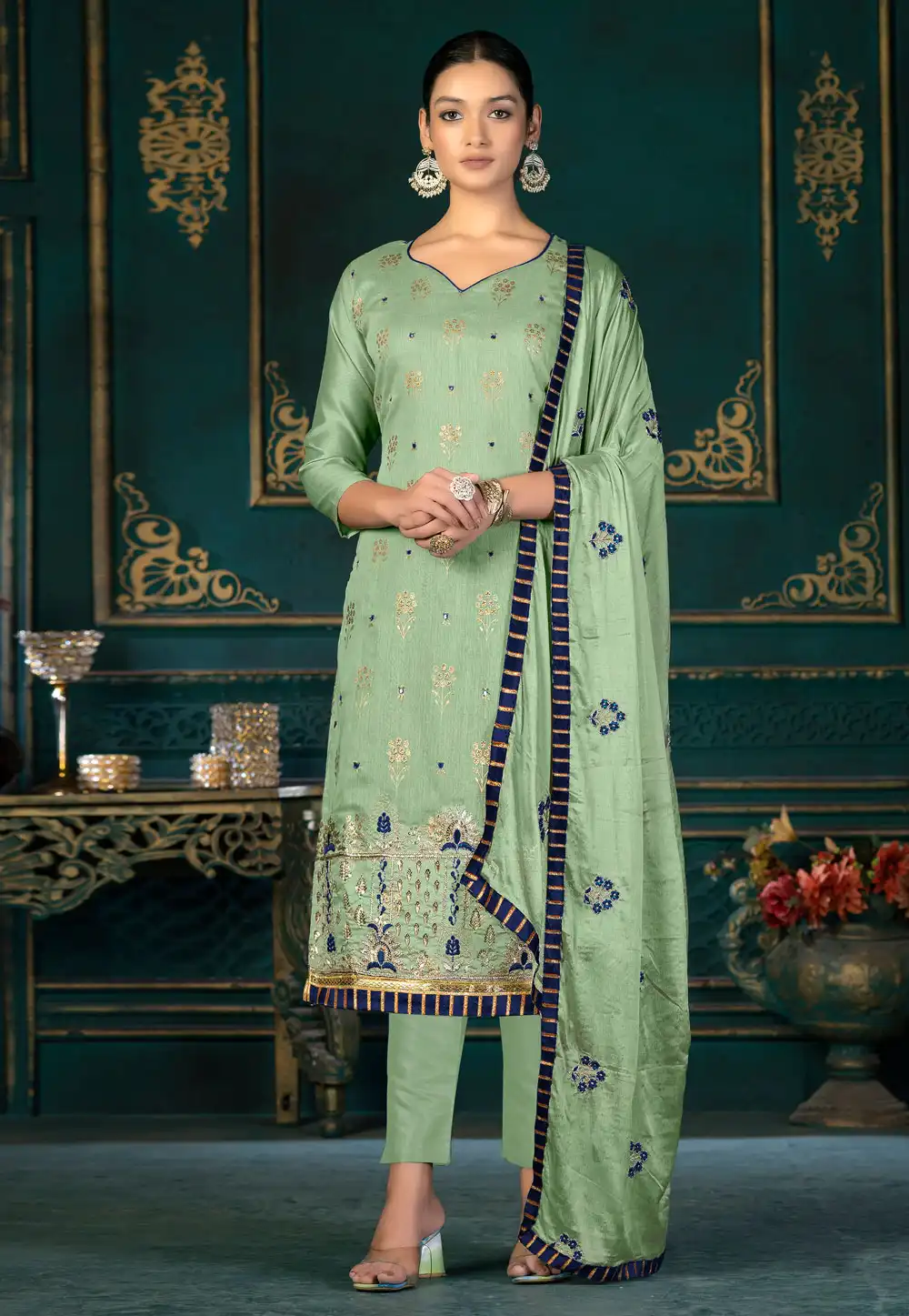 Pista Green Chanderi Pant Style Suit 267476