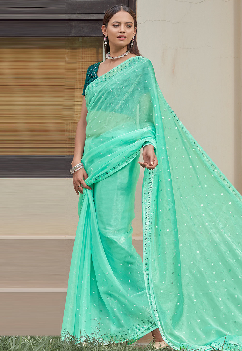 Sea Green Chinon Saree With Blouse 267783