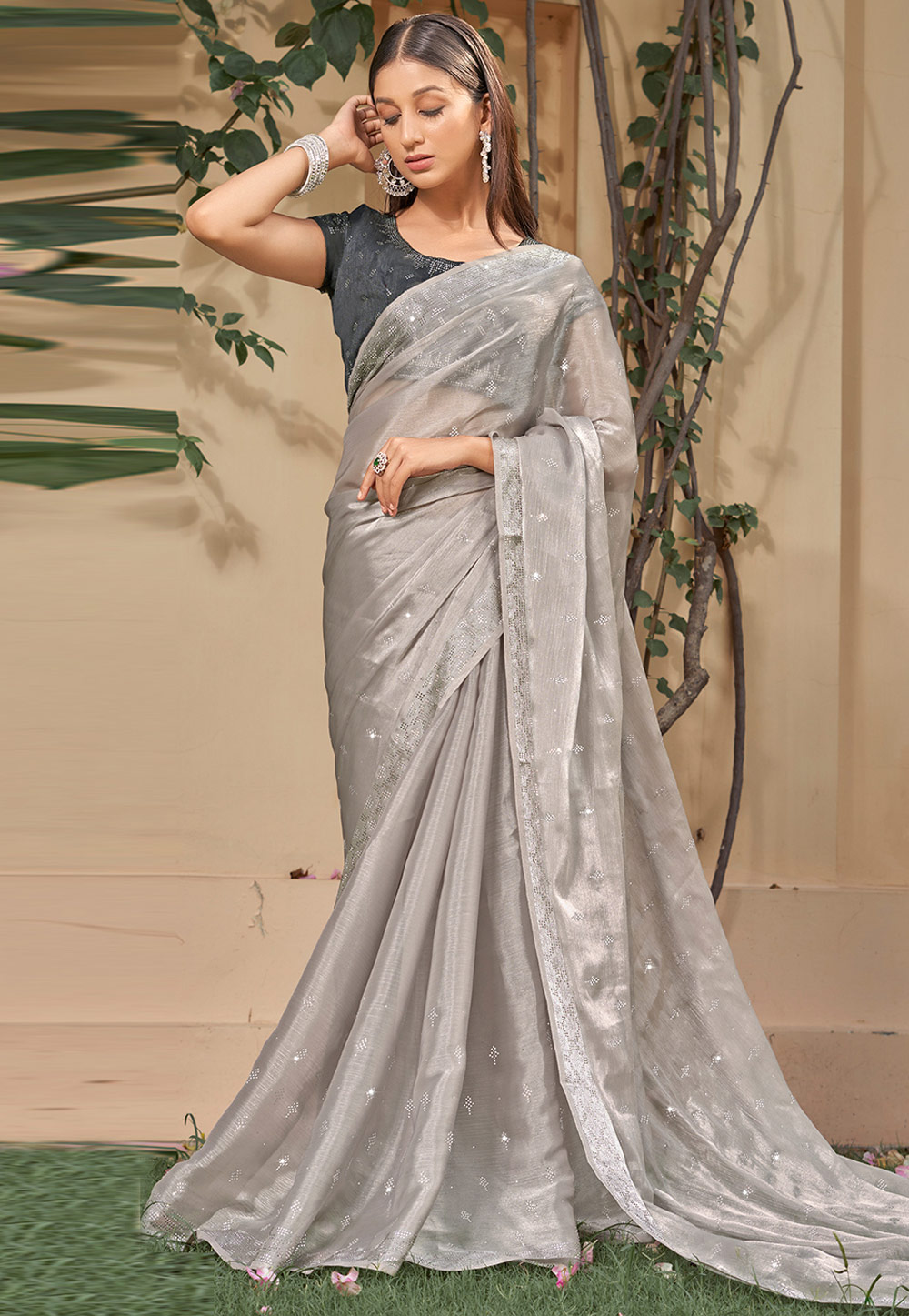 Grey Chinon Saree With Blouse 267785