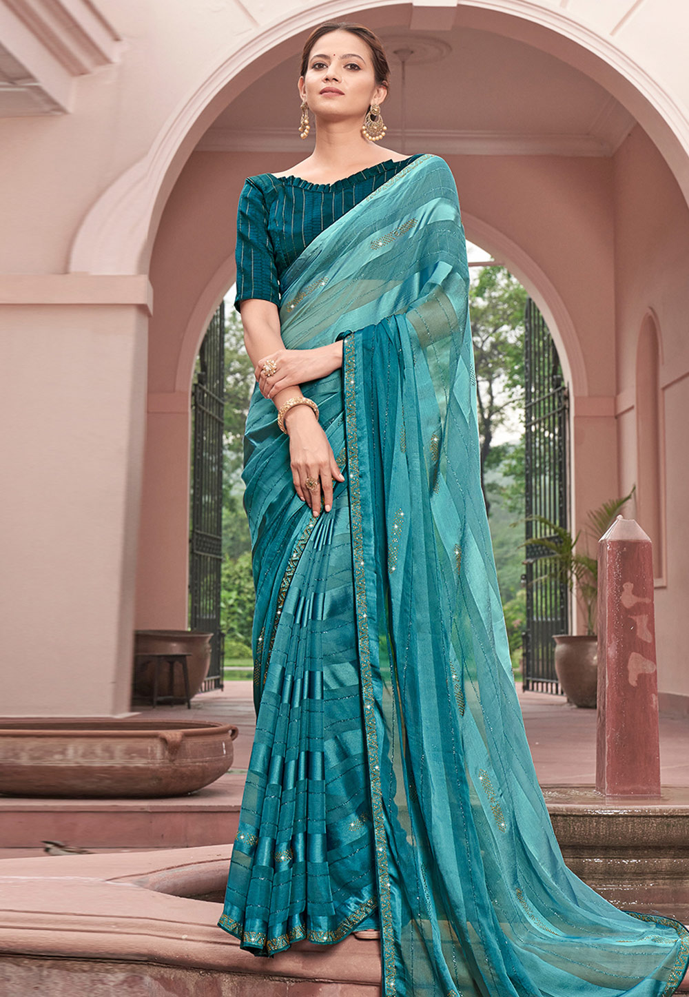 Teal Chiffon Saree With Blouse 267788