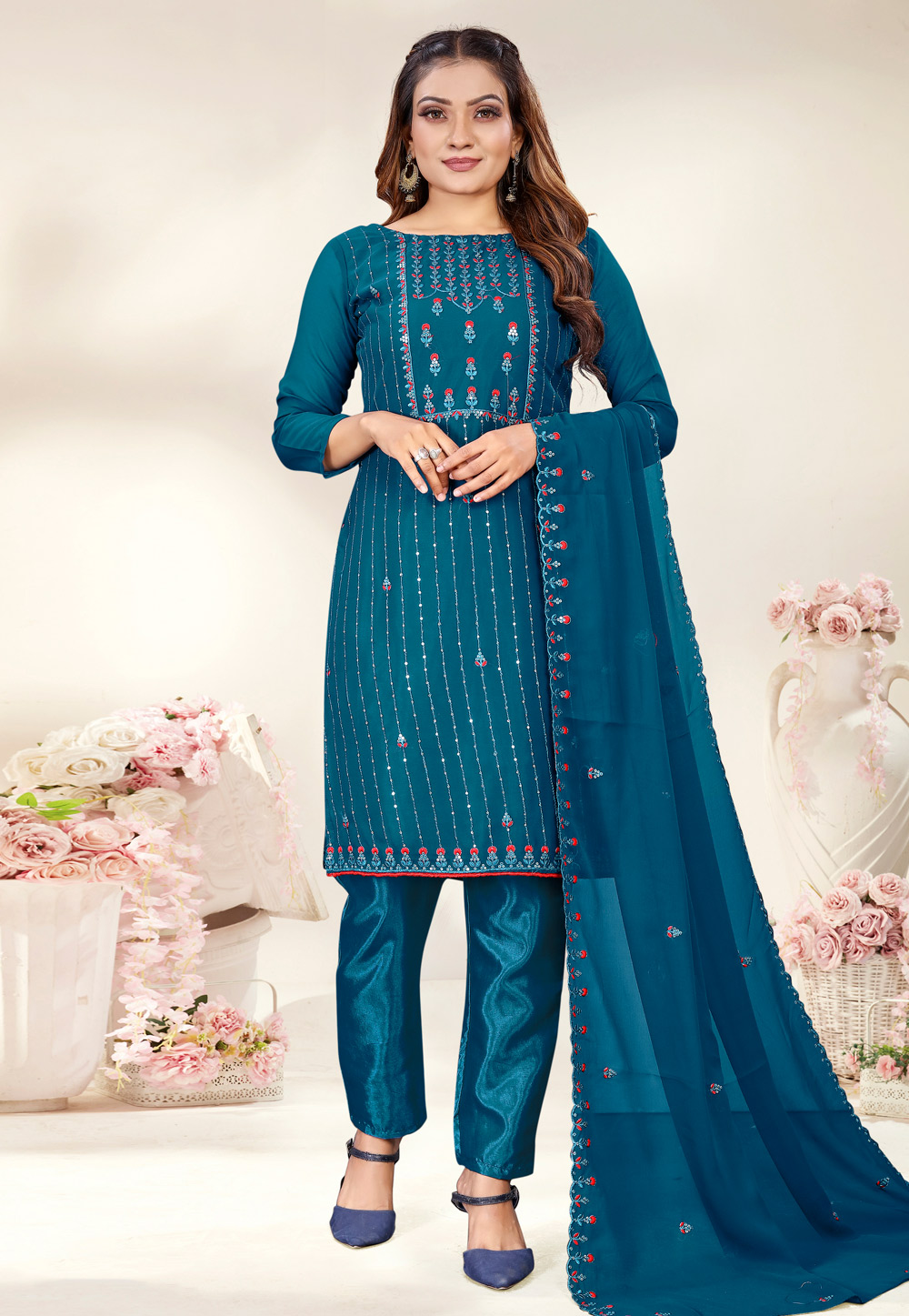 Teal Georgette Pant Style Suit 268096