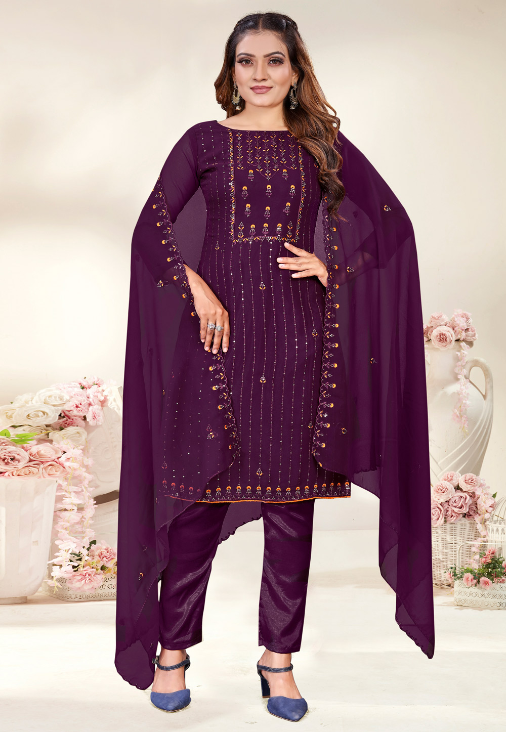 Purple Georgette Pant Style Suit 268098