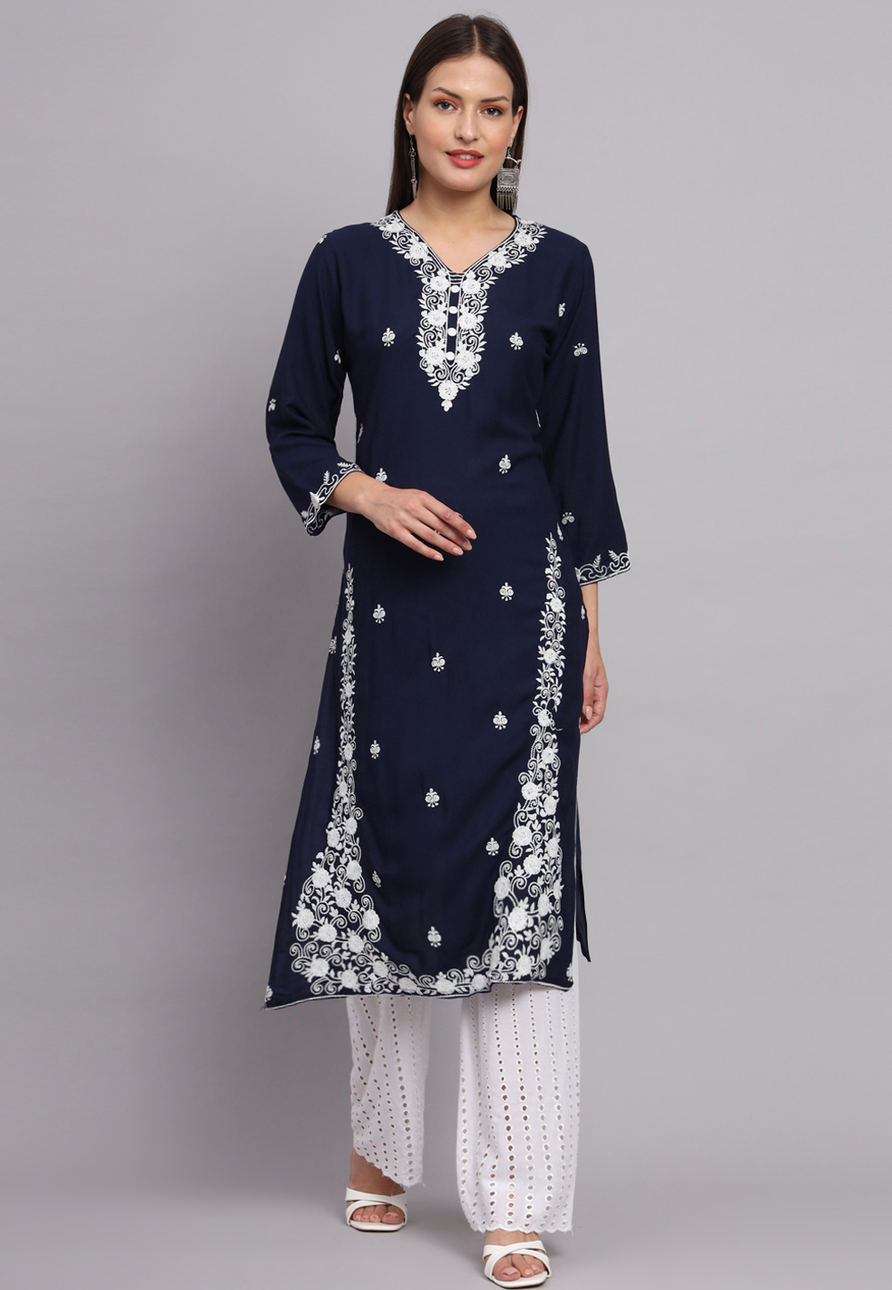 Navy Blue Rayon Long Tunic 268518
