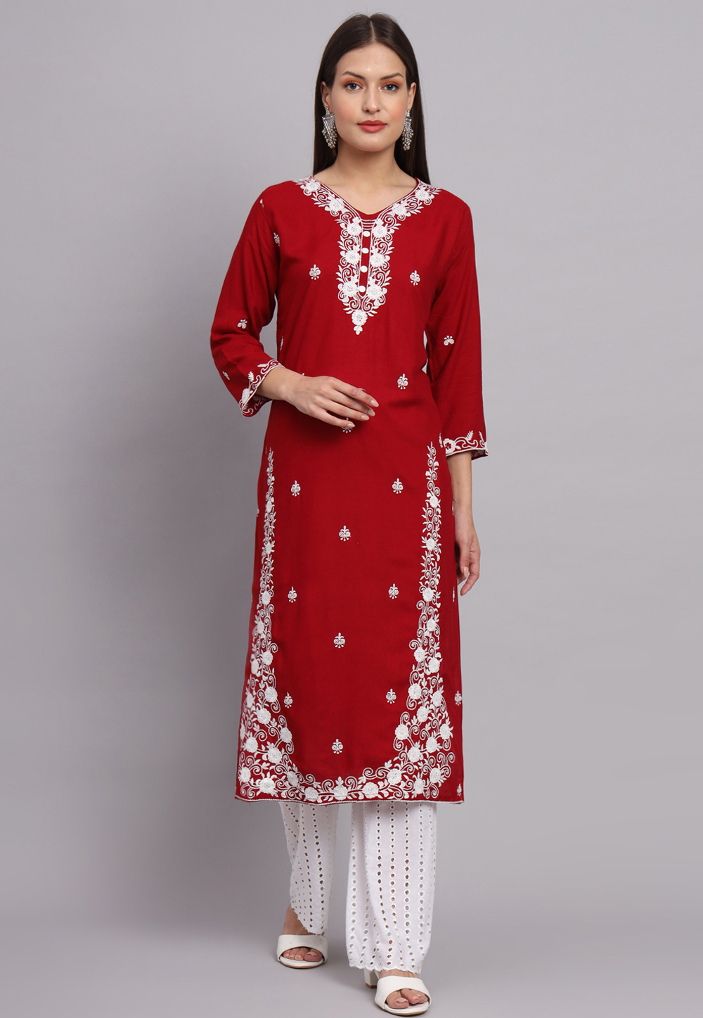 Red Rayon Long Kurti 268521