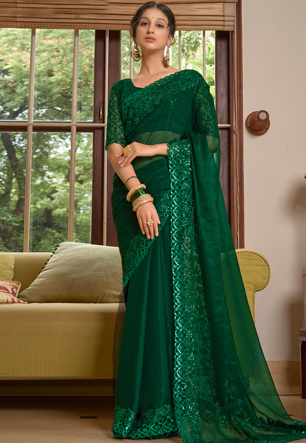 Green Chiffon Saree With Blouse 268594