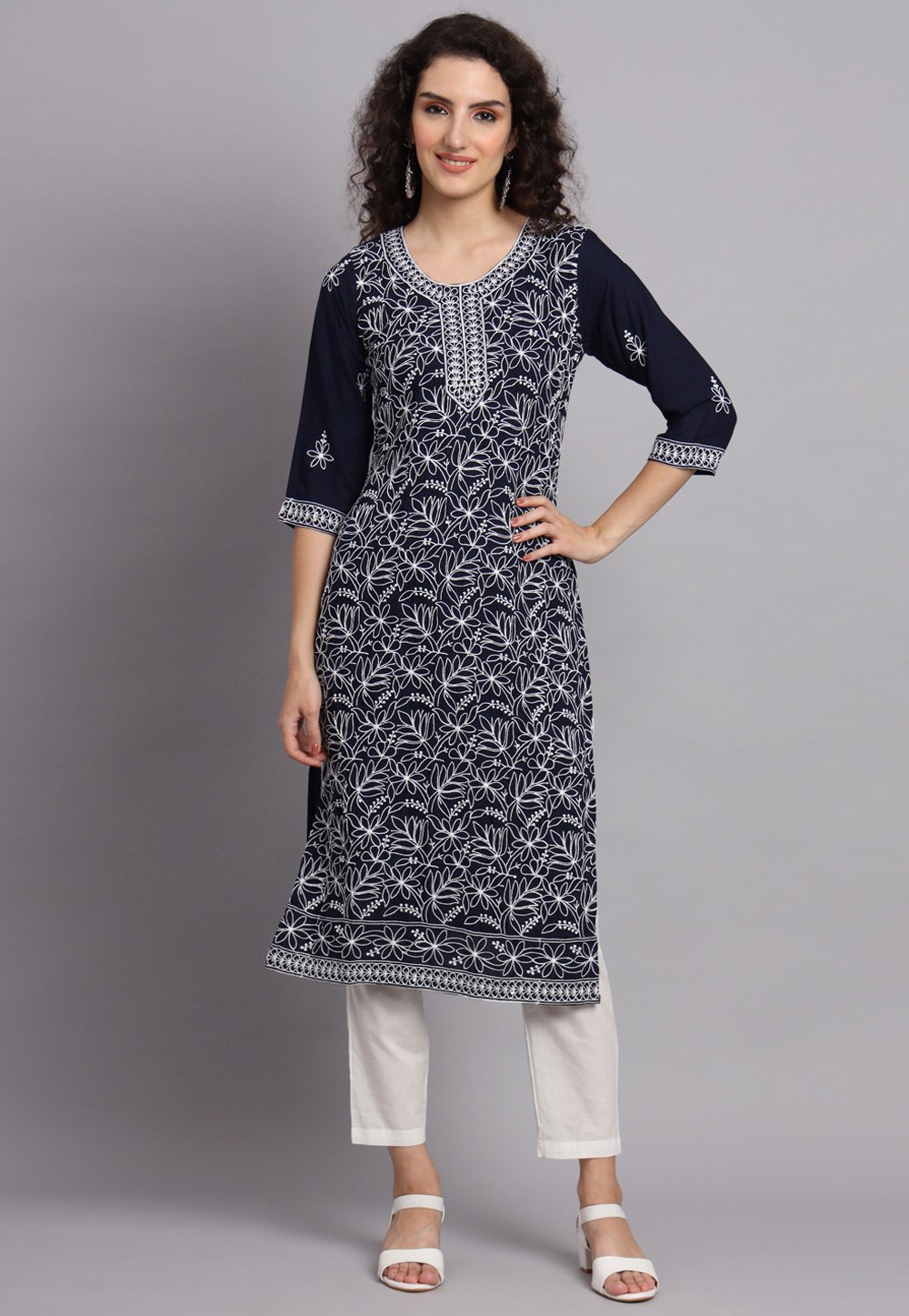 Navy Blue Rayon Long Tunic 268637
