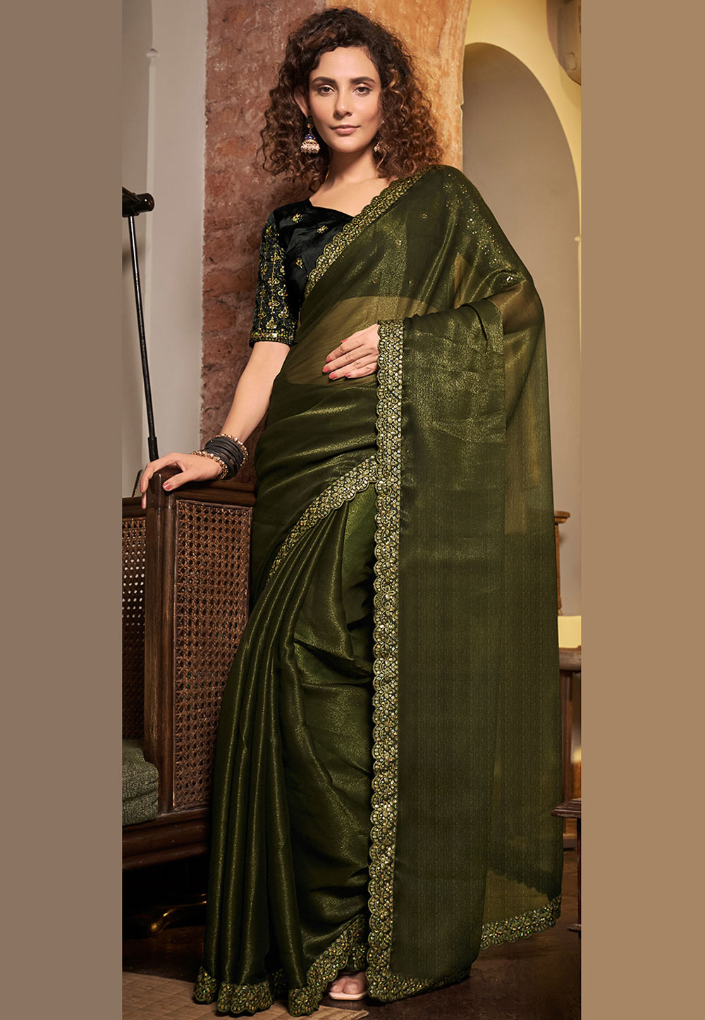 Mehndi Chiffon Saree With Blouse 269081