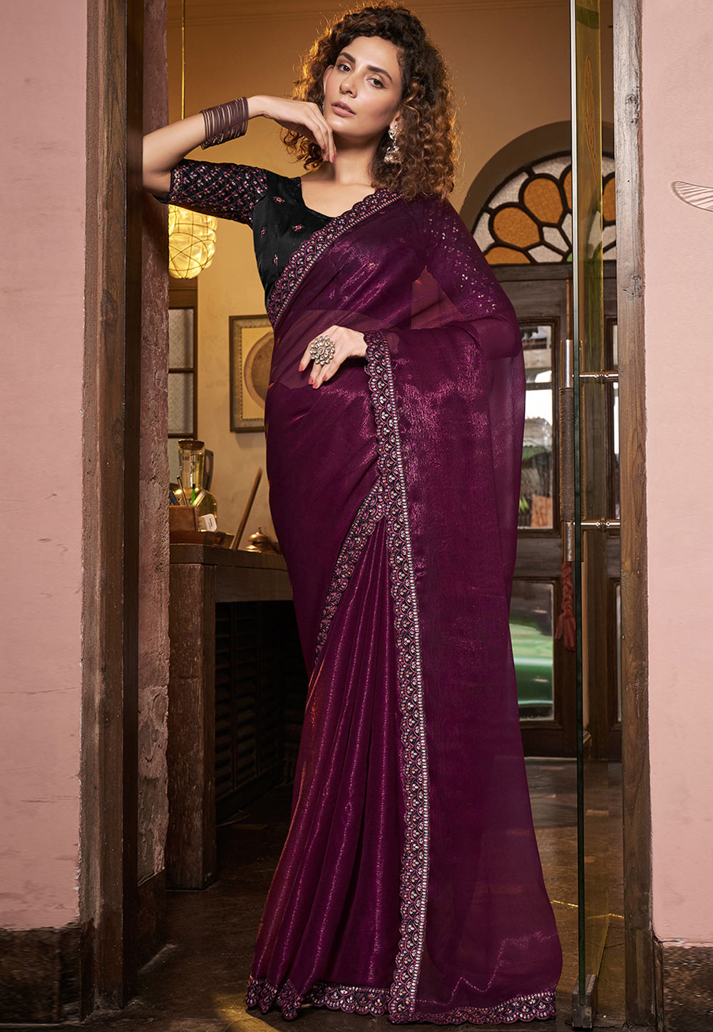 Wine Chiffon Saree With Blouse 269082
