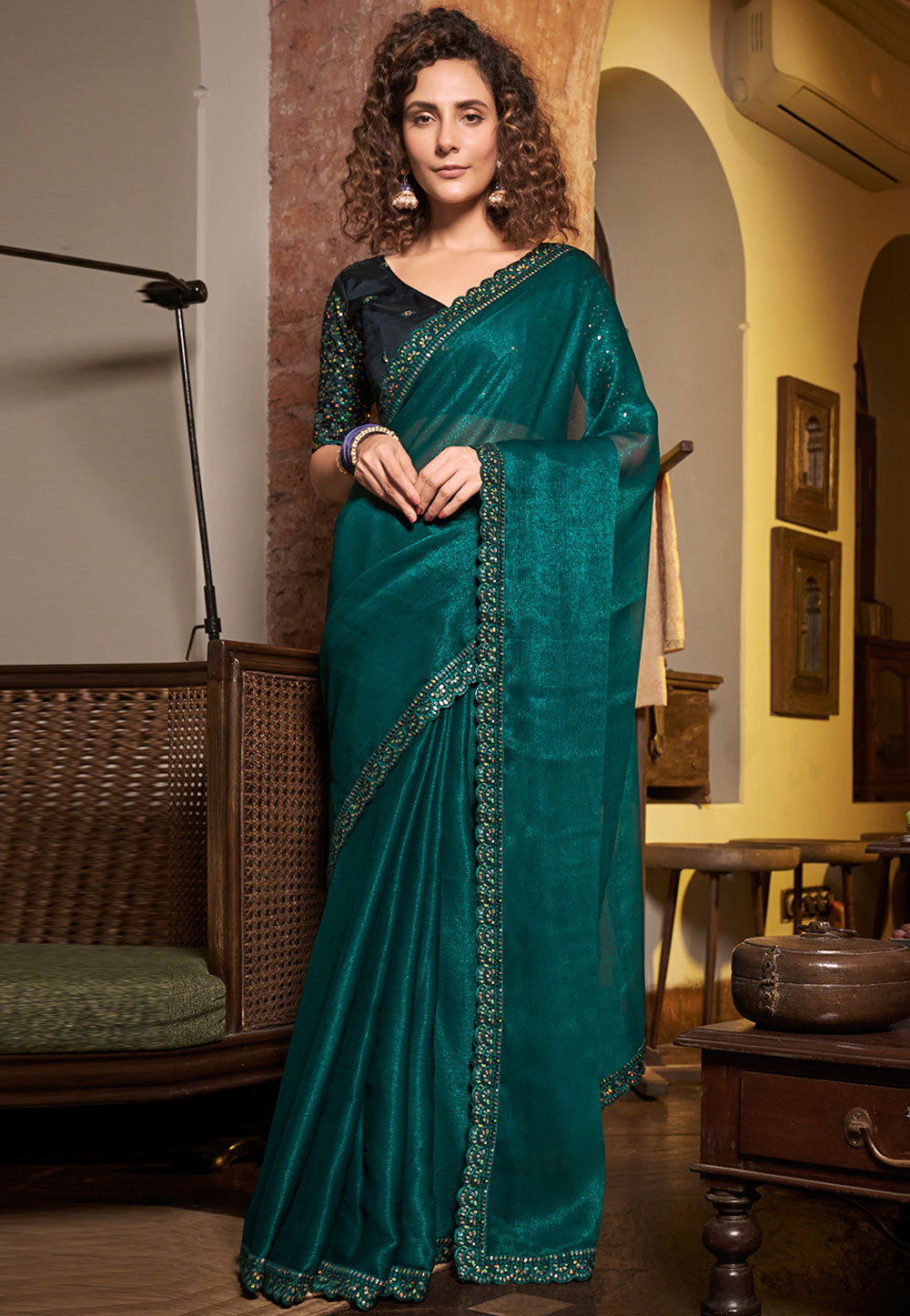 Teal Chiffon Saree With Blouse 269083
