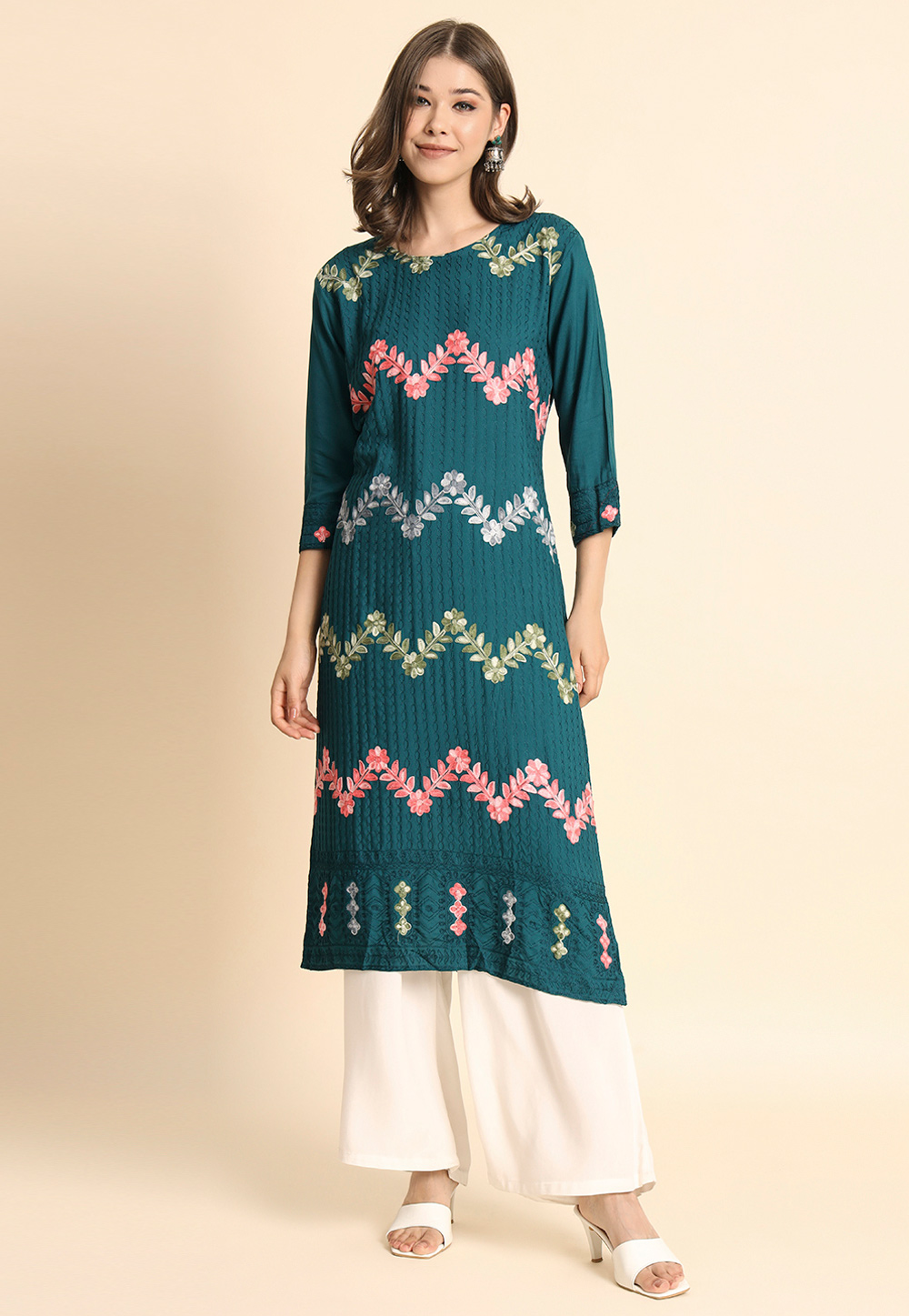 Teal Rayon Long Kurti 268977
