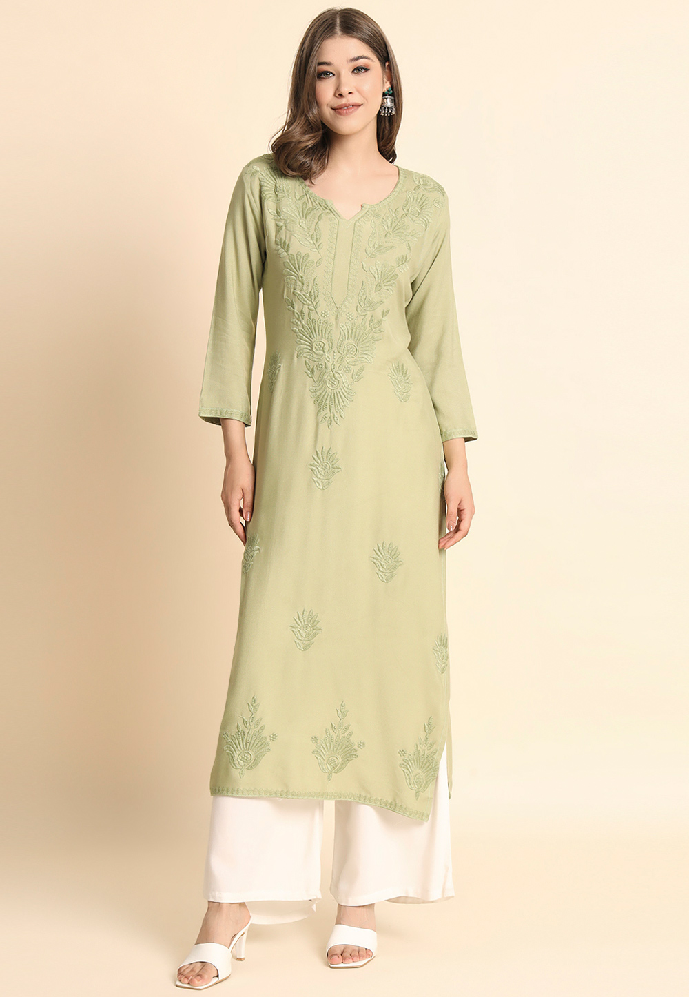 Pista Green Rayon Long Kurti 269135