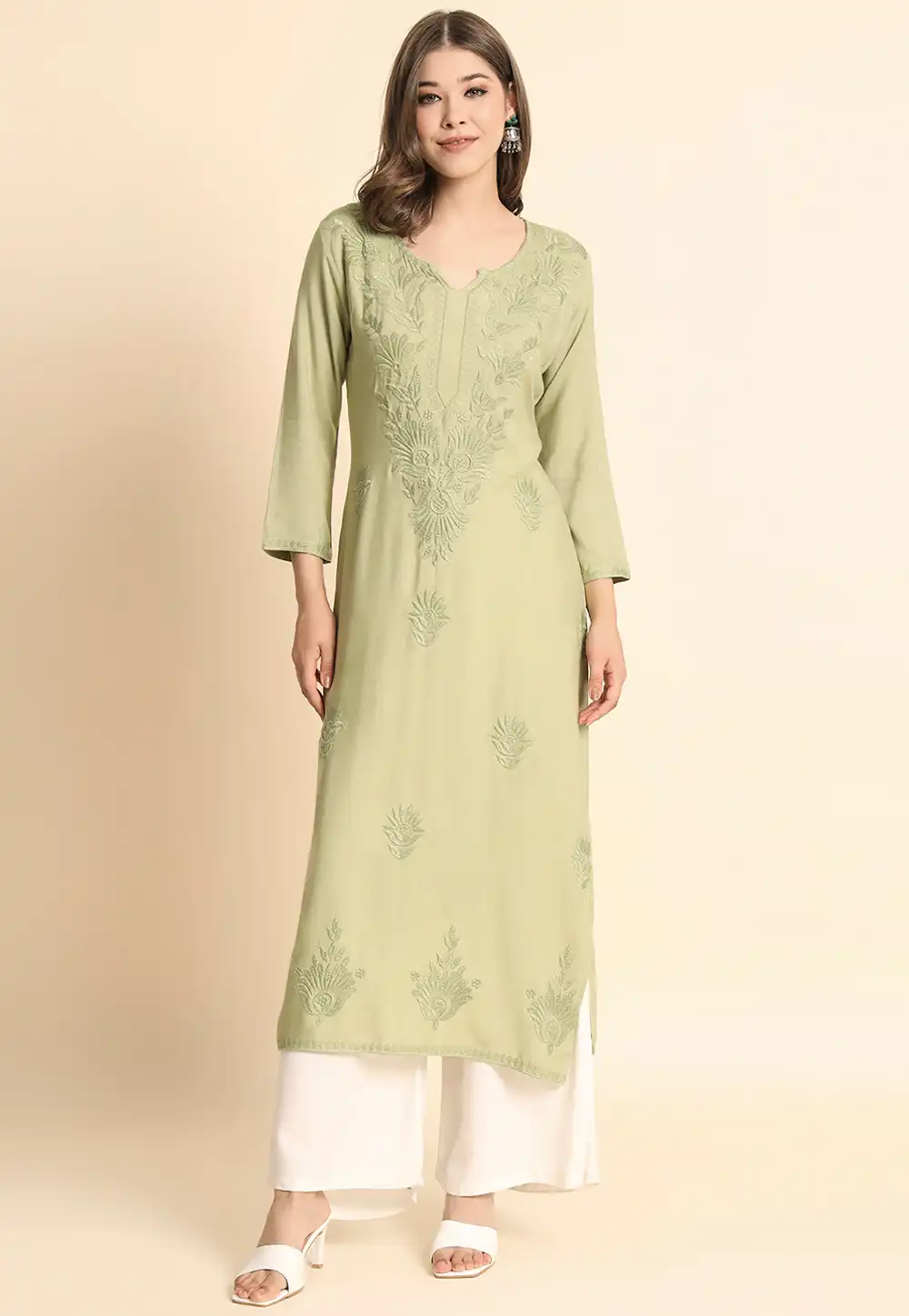 Pista Green Rayon Long Kurti 269135