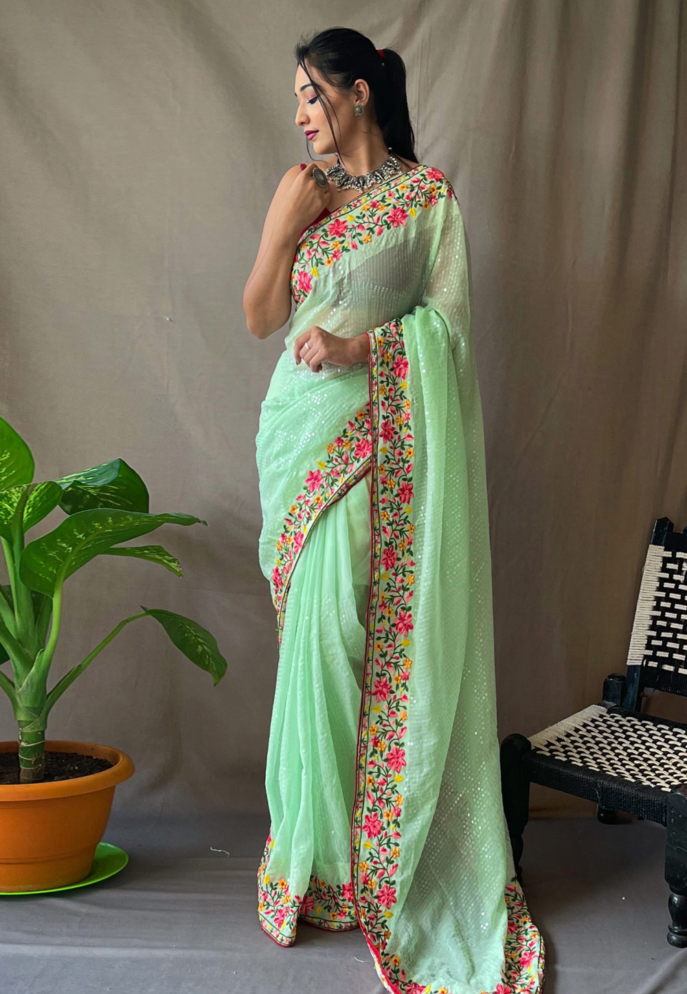 Sea Green Georgette Sequence Saree 269372