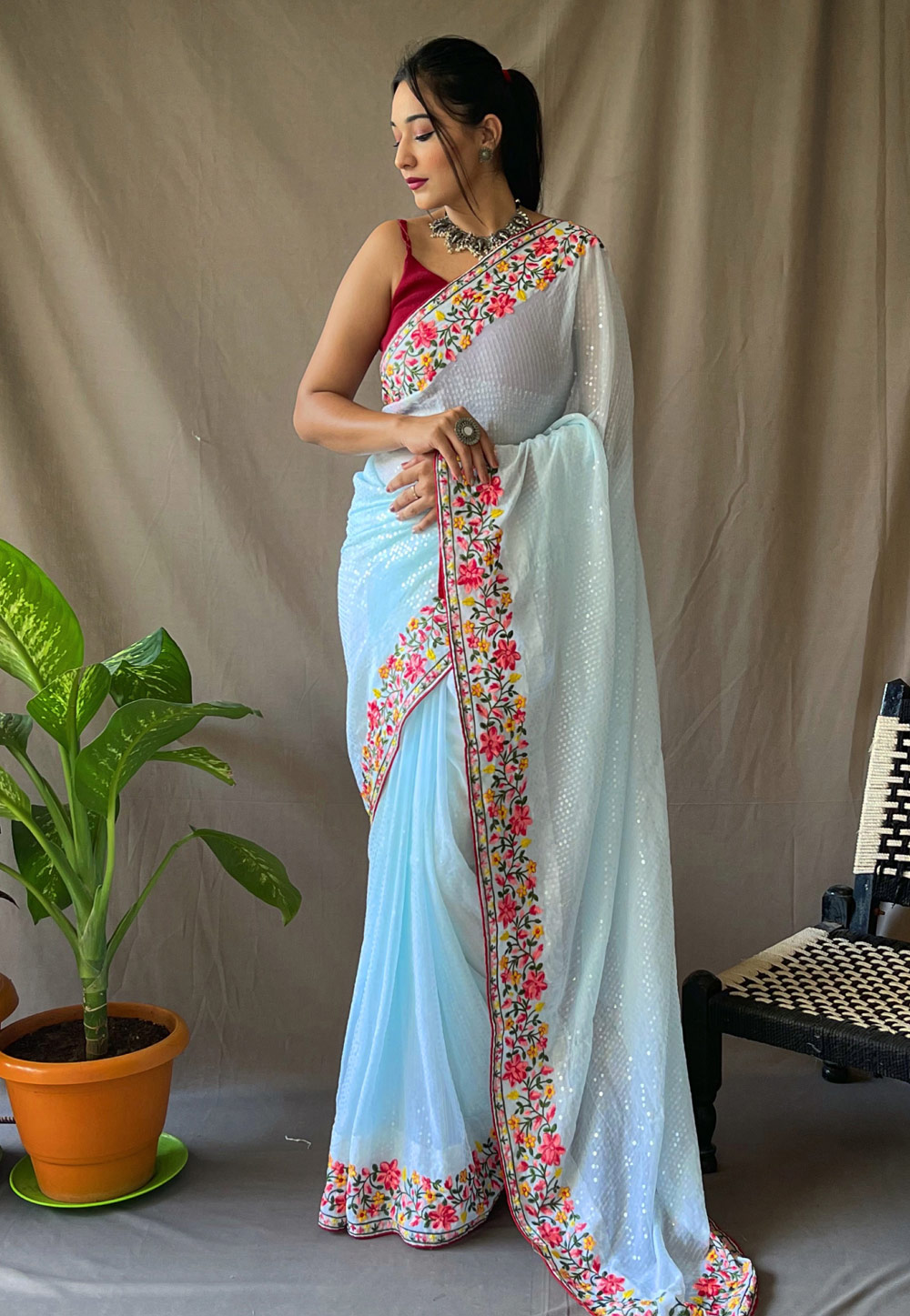 Sky Blue Georgette Sequence Saree 269374