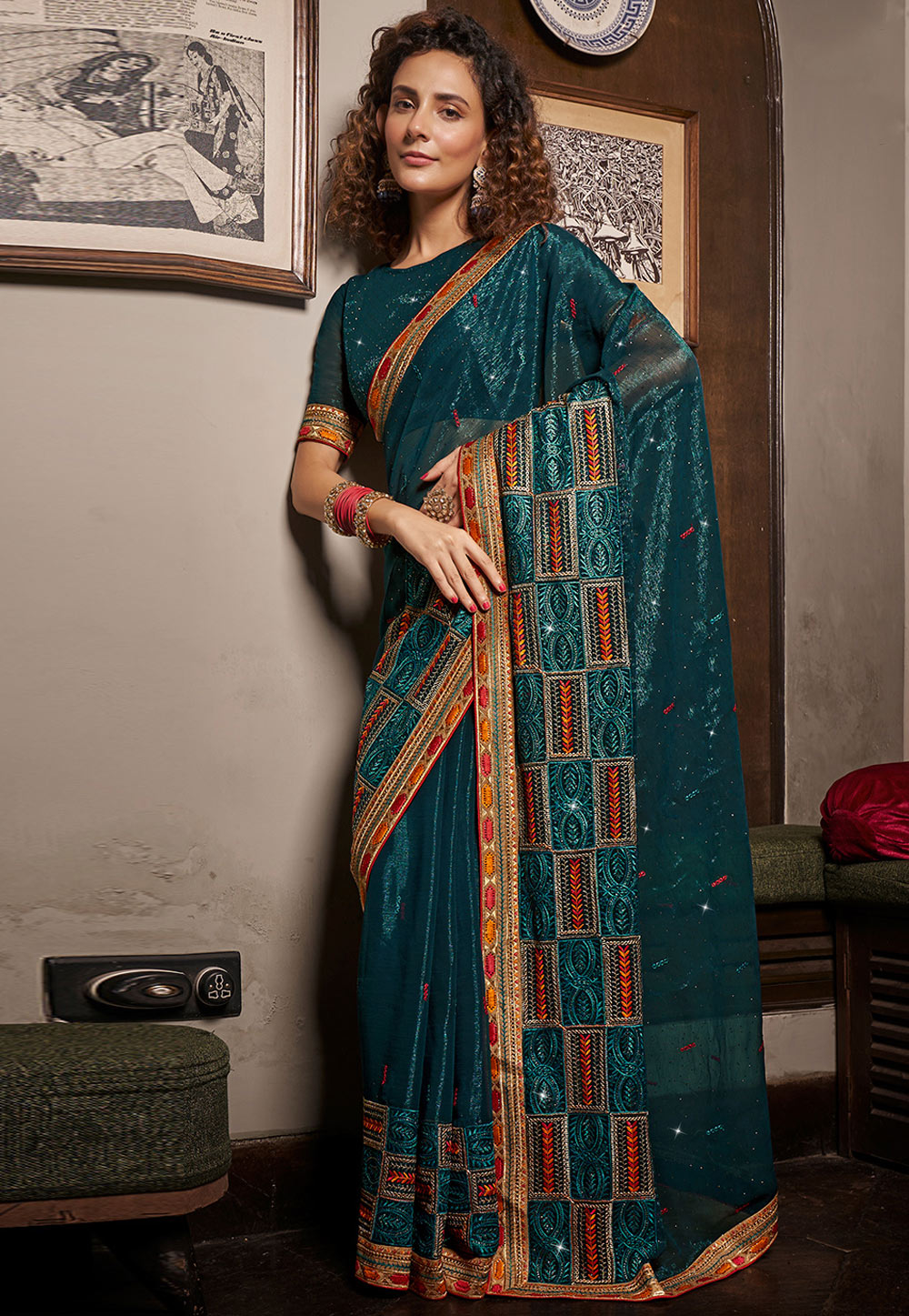 Teal Chiffon Saree With Blouse 269568