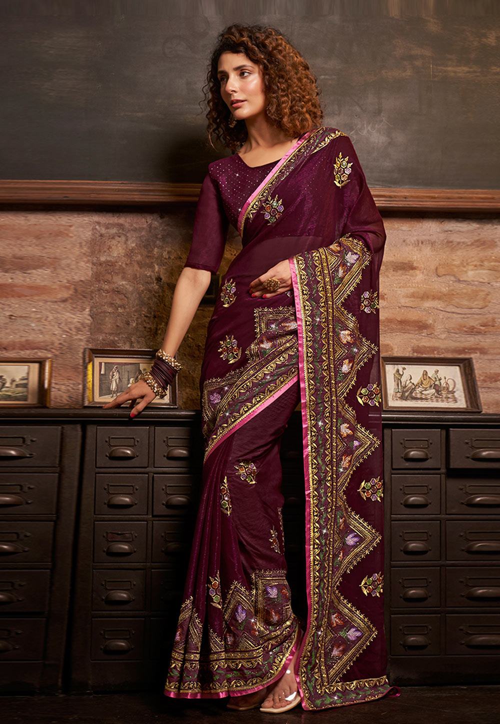 Wine Chiffon Saree With Blouse 269569