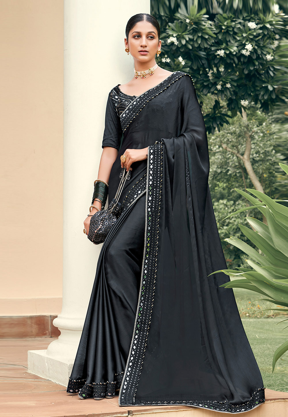 Black Satin Chiffon Saree With Blouse 269572