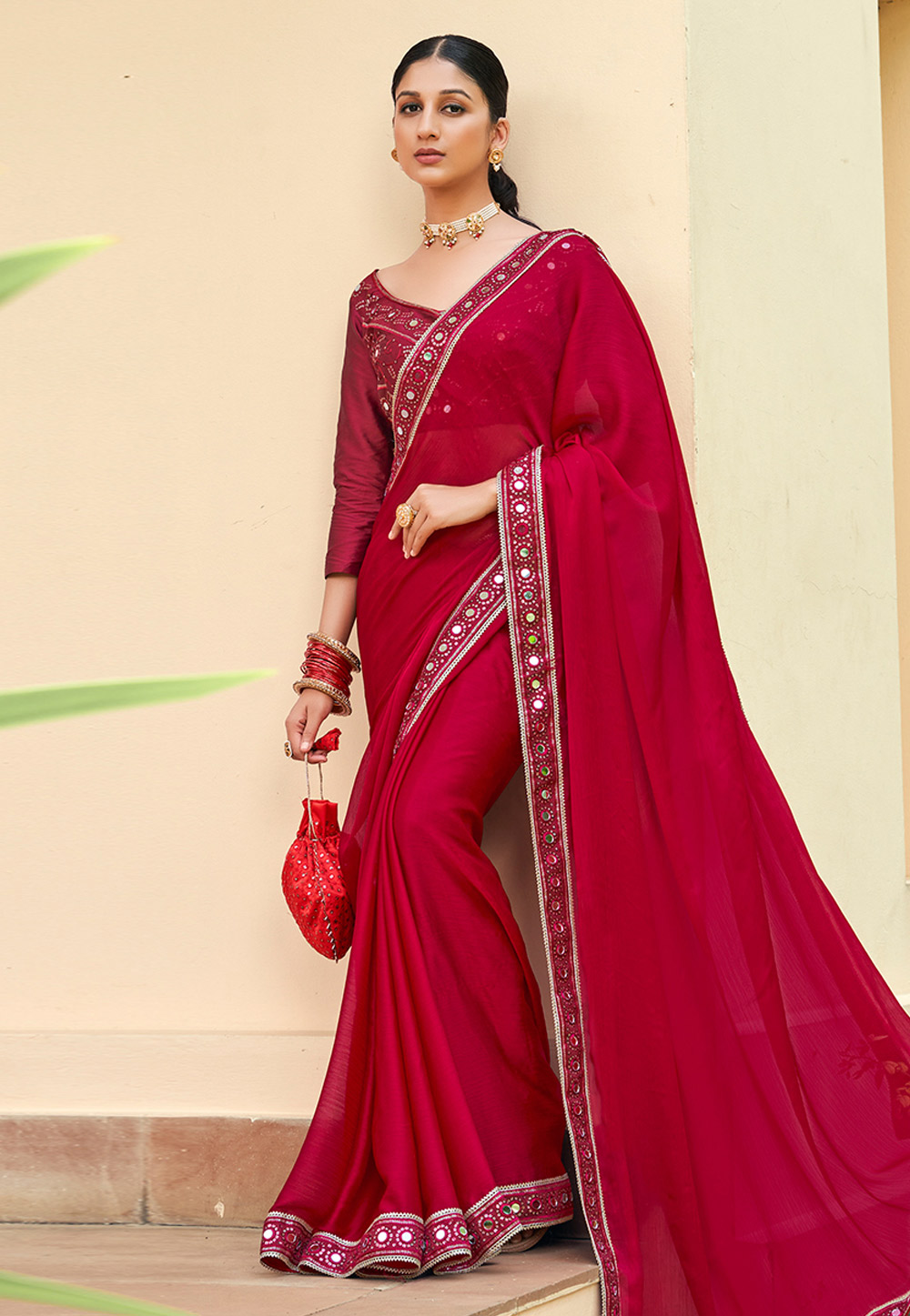 Magenta Satin Chiffon Saree With Blouse 269574