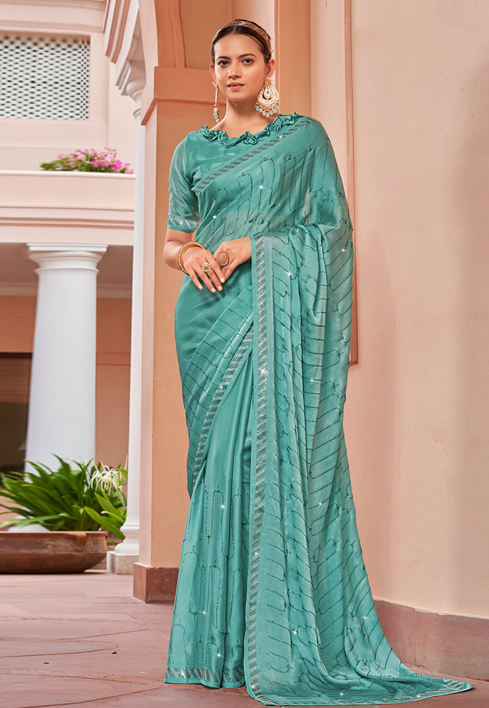 Sky Blue Satin Chiffon Saree With Blouse 269774