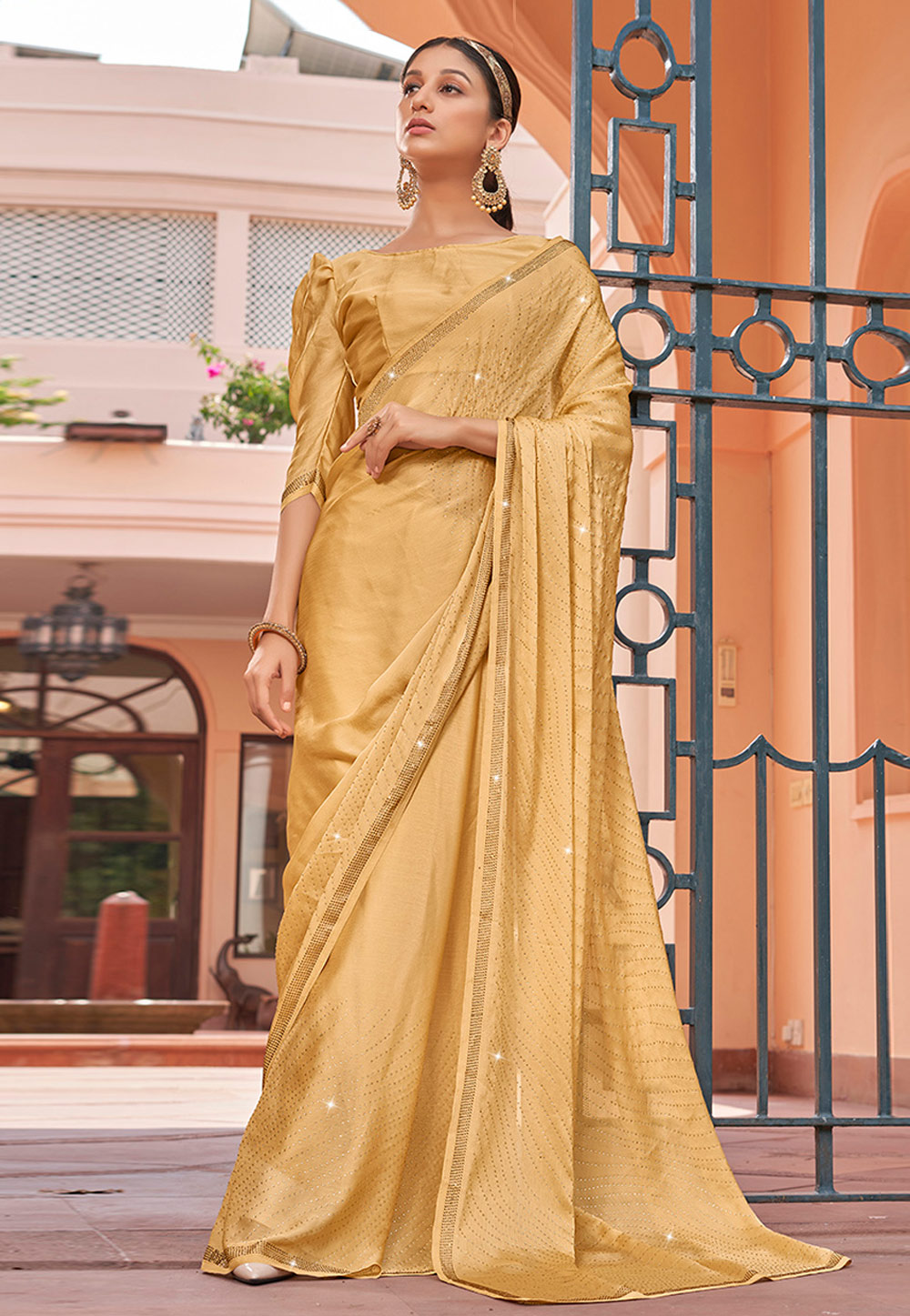 Beige Satin Chiffon Saree With Blouse 269775