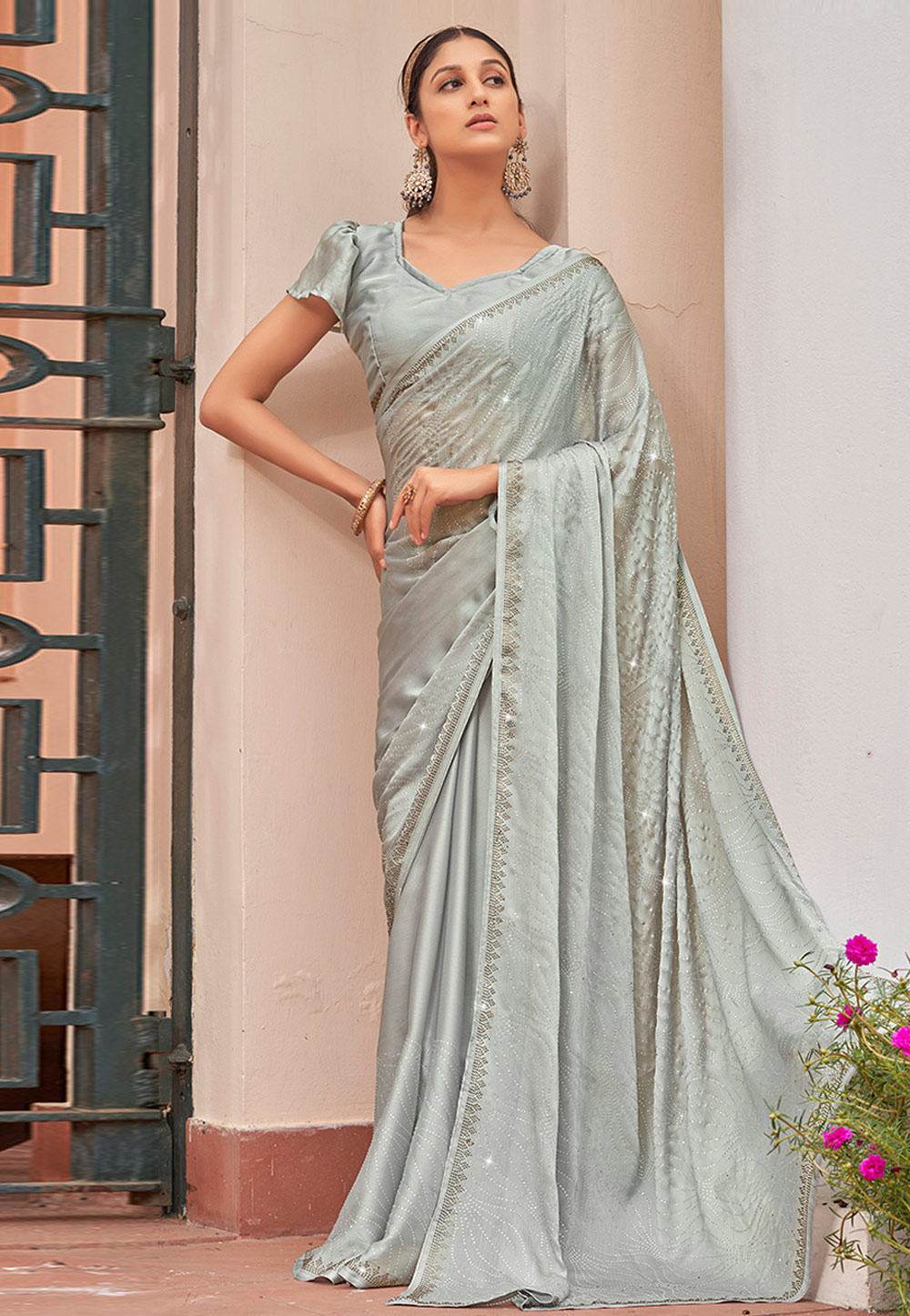 Grey Satin Chiffon Saree With Blouse 269777