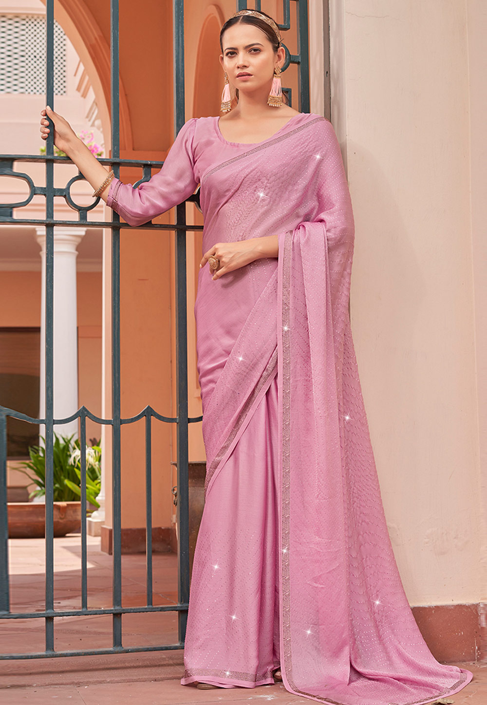 Pink Satin Chiffon Saree With Blouse 269779