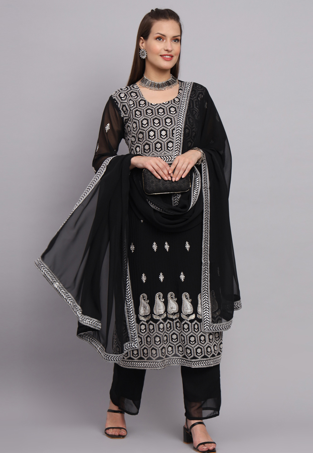 Black Georgette Readymade Pant Style Suit 269905