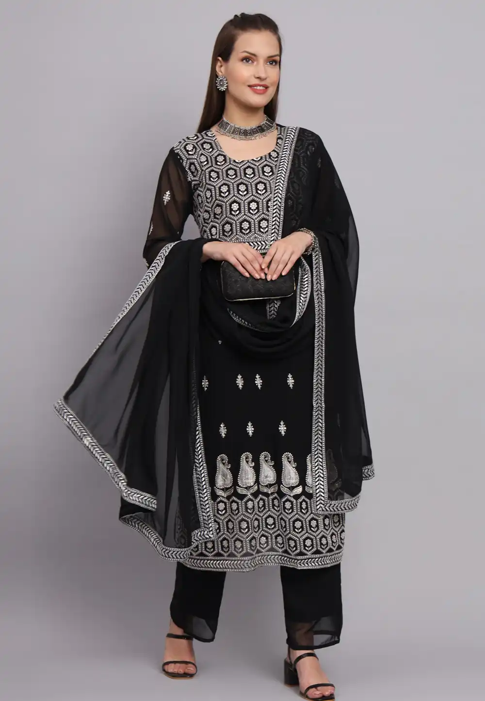 Black Georgette Readymade Pant Style Suit 269905