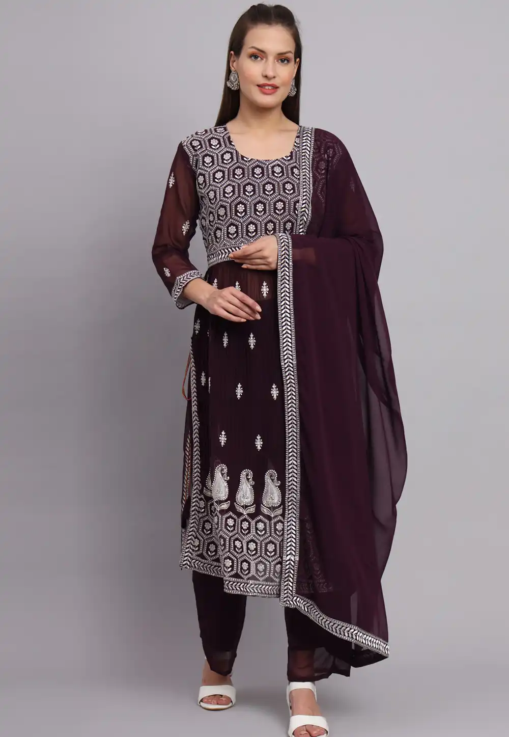 Wine Georgette Readymade Pant Style Suit 269907