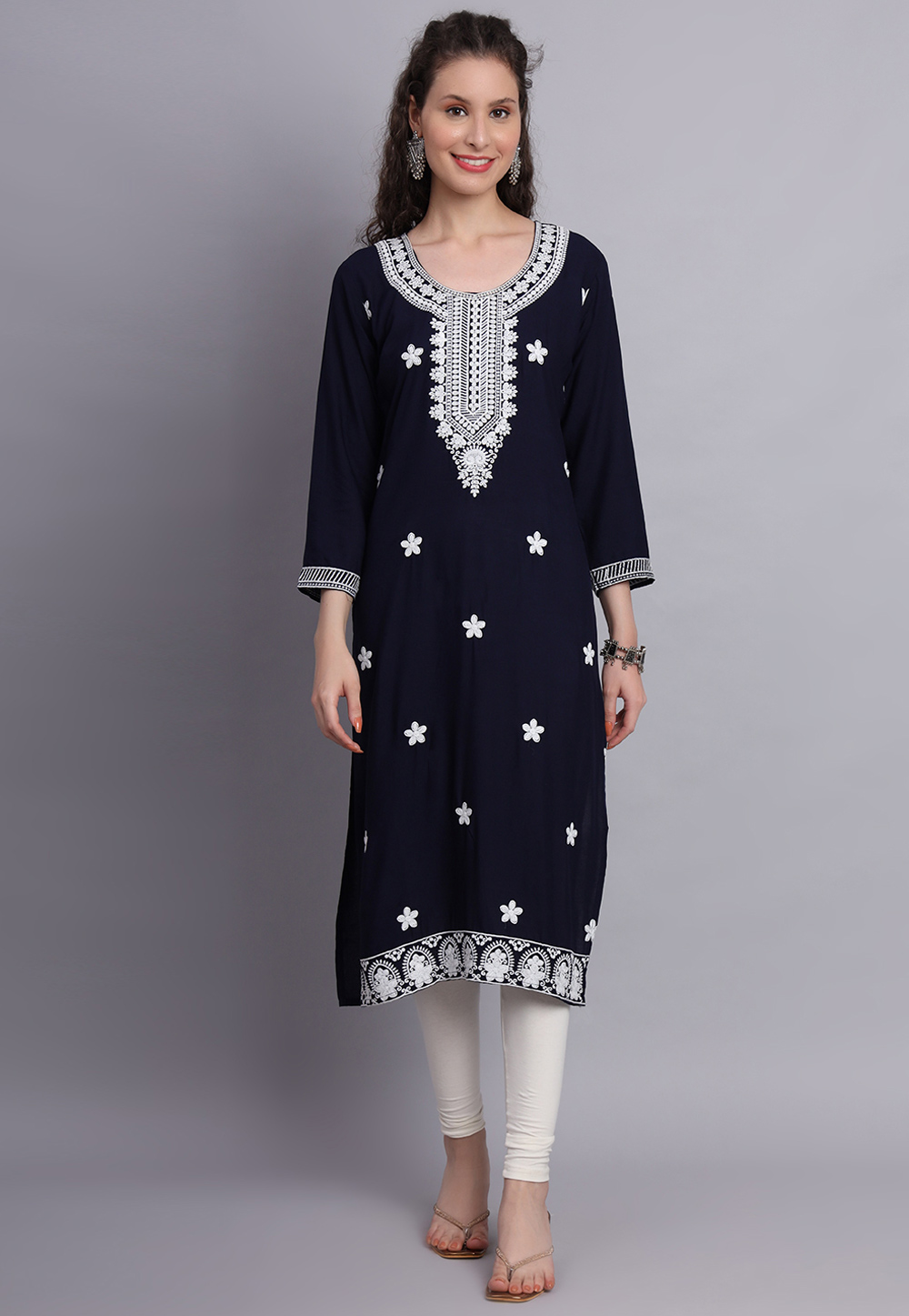 Navy Blue Rayon Long Tunic 270149