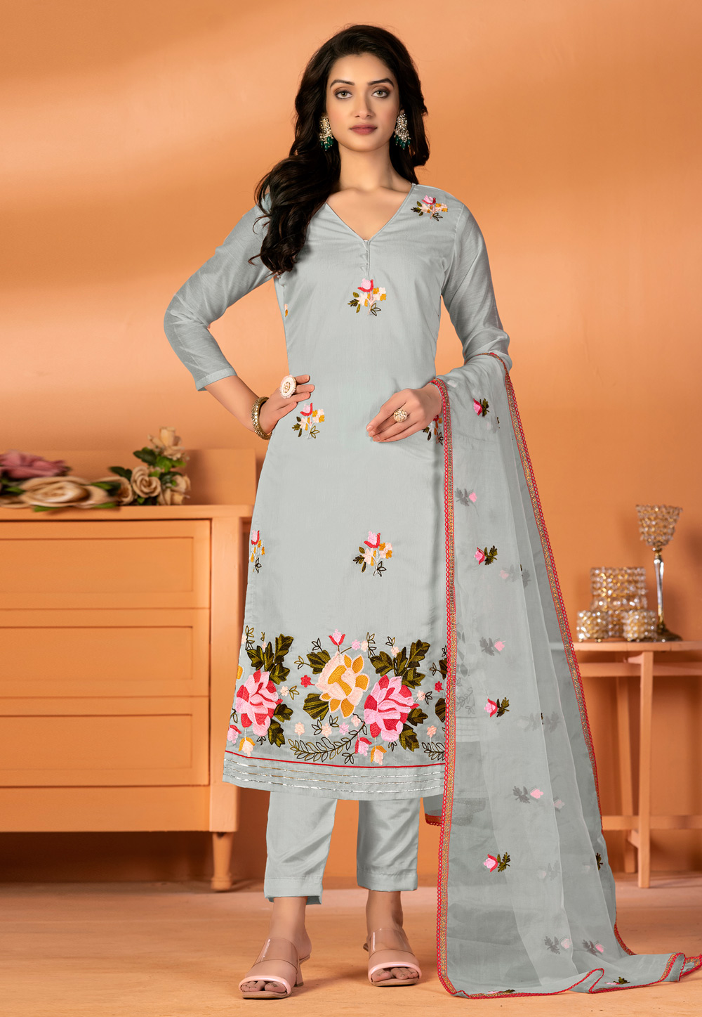 Grey Silk Pakistani Suit 270186