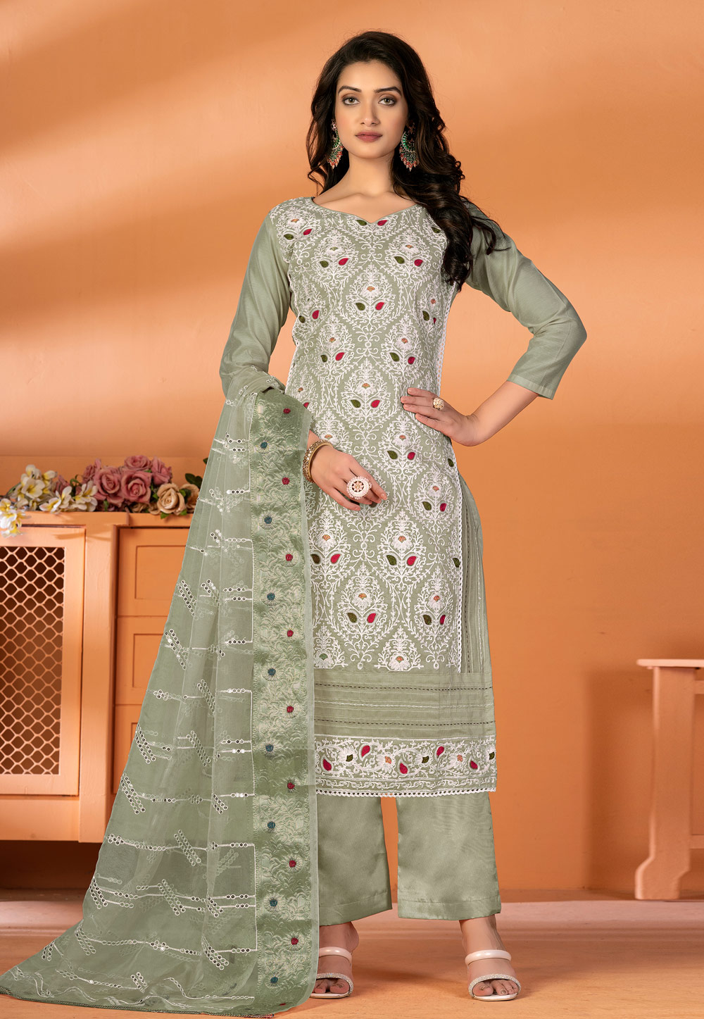 Light Green Silk Palazzo Suit 270191
