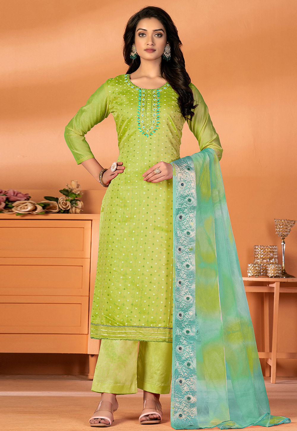 Light Green Silk Palazzo Suit 270201