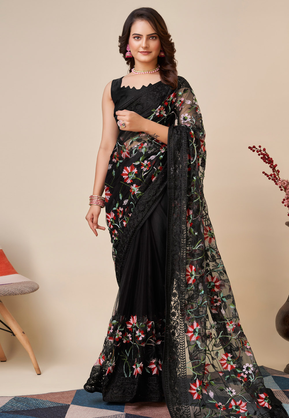 Black Soft Net Saree With Blouse 271027