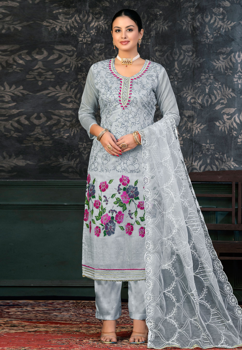 Grey Organza Pant Style Suit 272374
