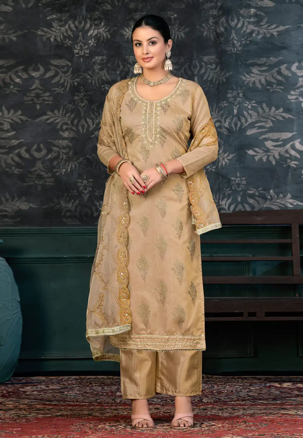 Beige Organza Palazzo Suit 272376