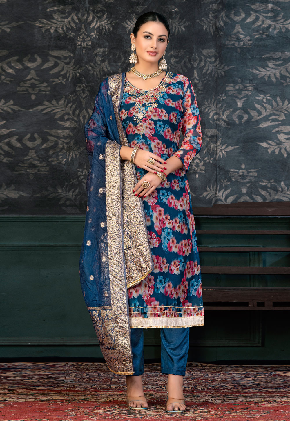 Navy Blue Organza Pakistani Suit 272381