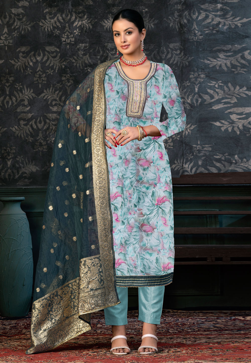 Sky Blue Organza Pant Style Suit 272398