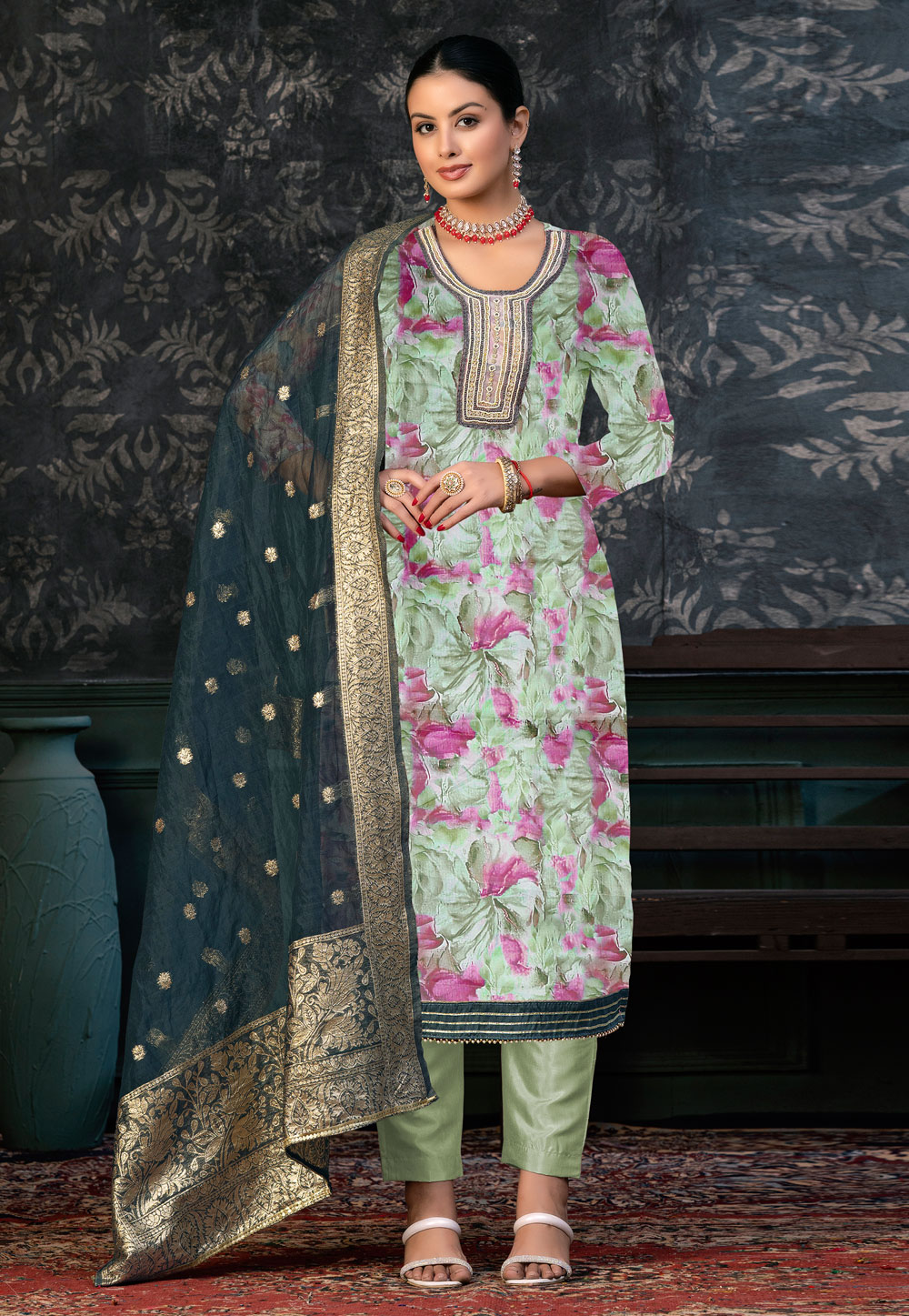 Pista Green Organza Pakistani Suit 272399