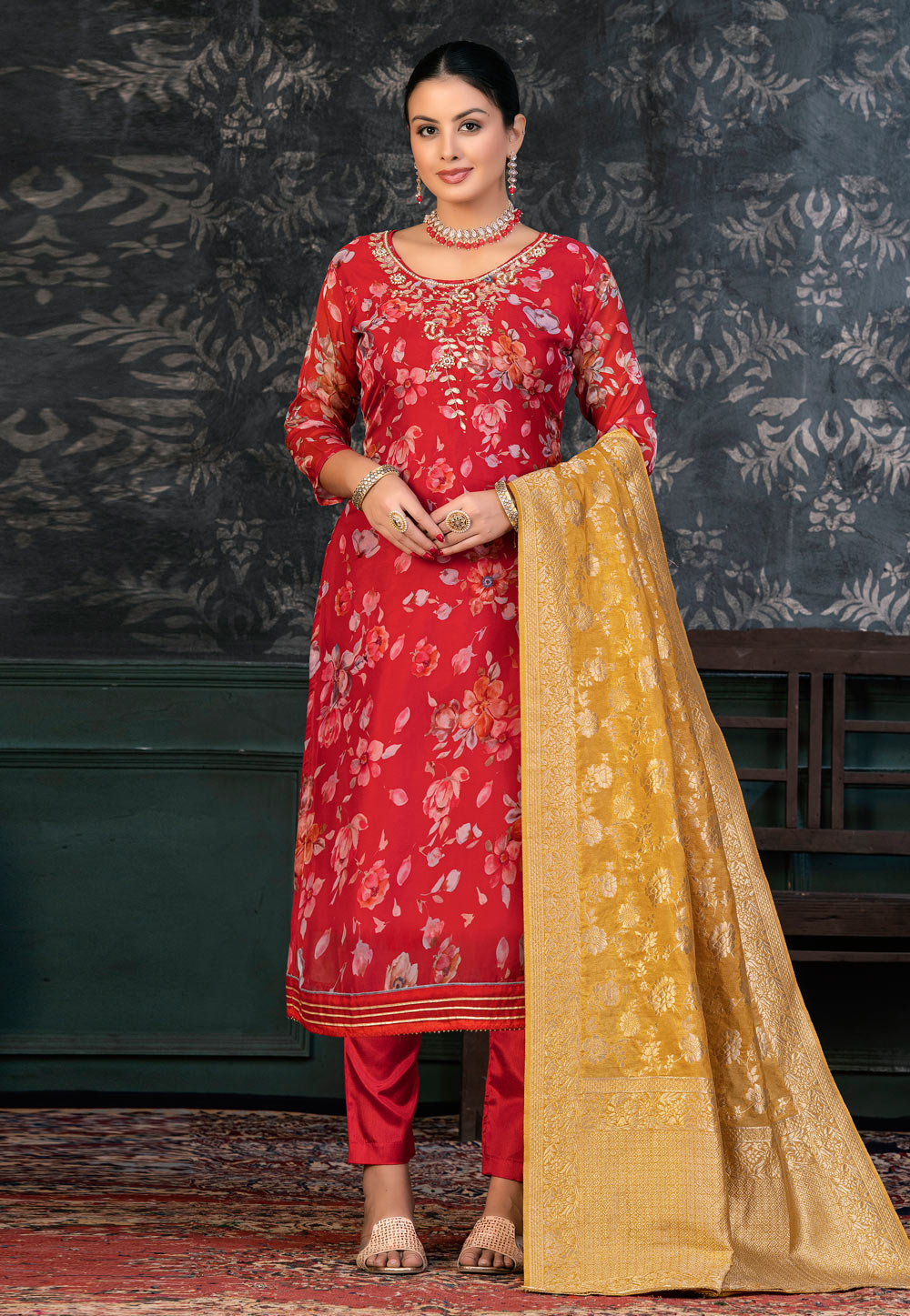 Red Organza Pant Style Suit 272400