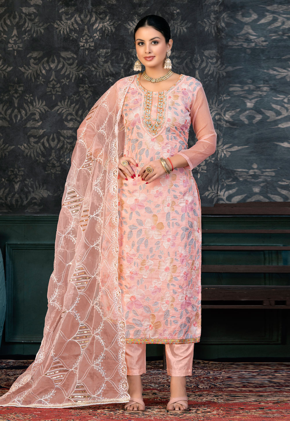 Peach Organza Pant Style Suit 272412