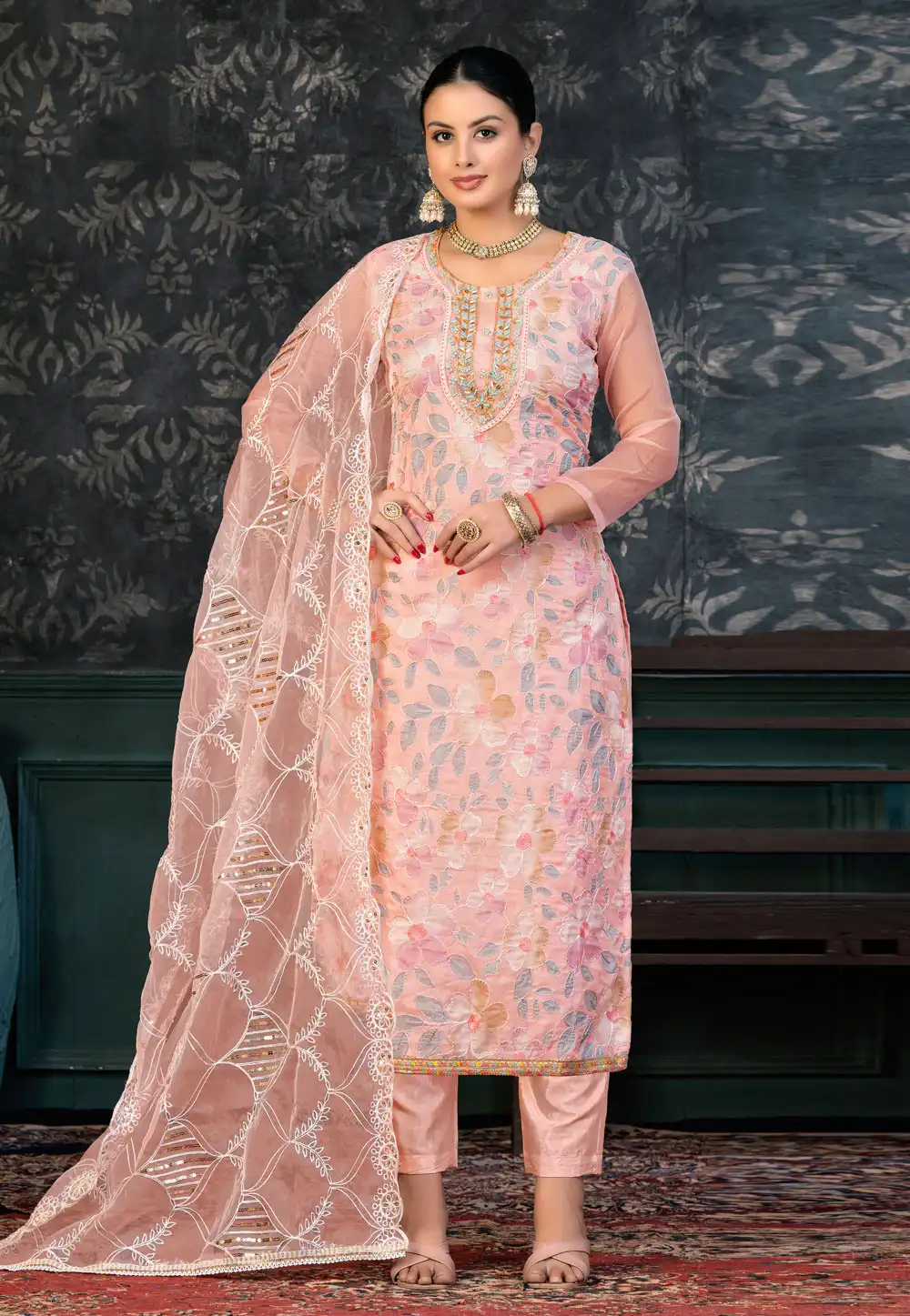 Peach Organza Pant Style Suit 272412
