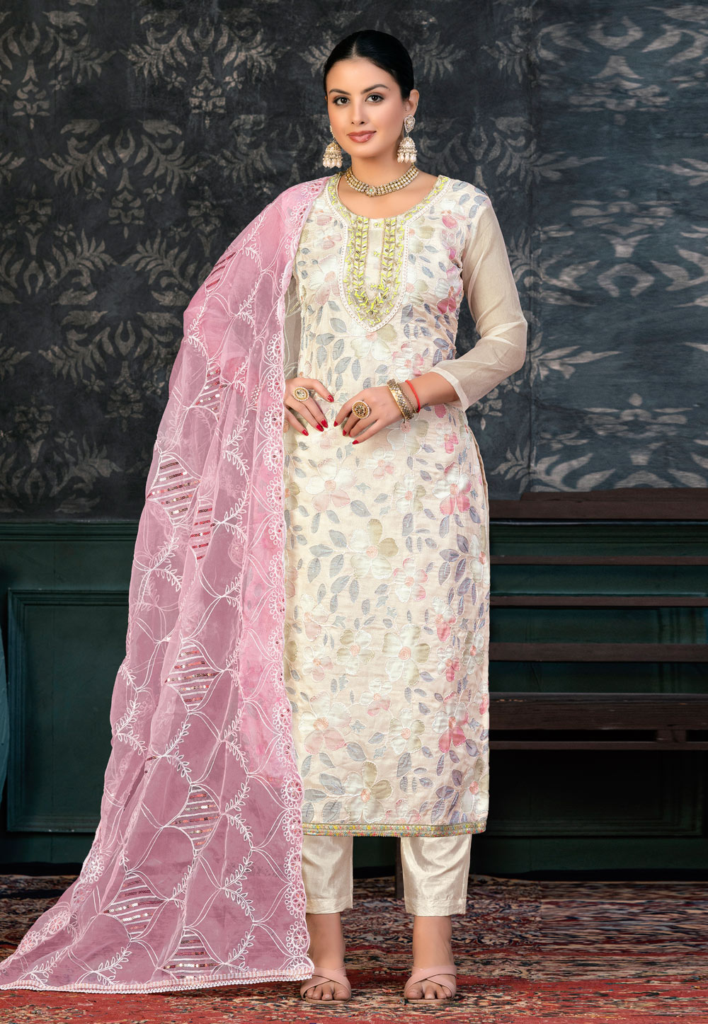 Off White Organza Pant Style Suit 272414