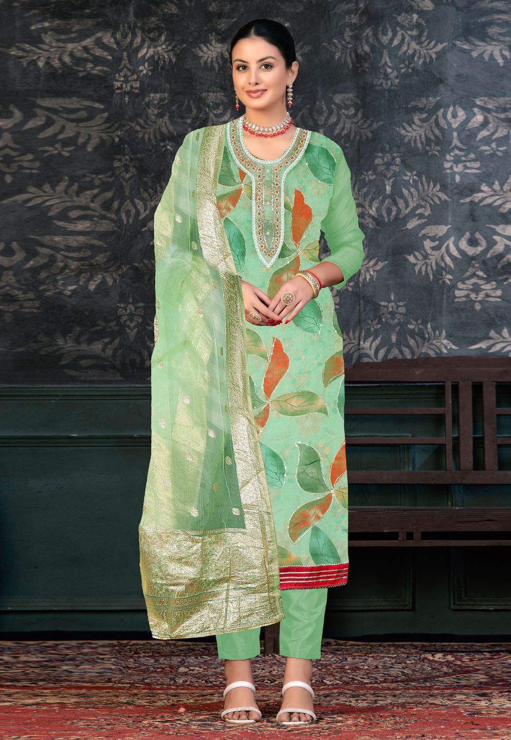 Light Green Organza Pant Style Suit 272420