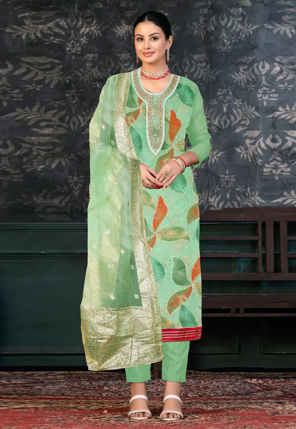 Light Green Organza Pant Style Suit 272420