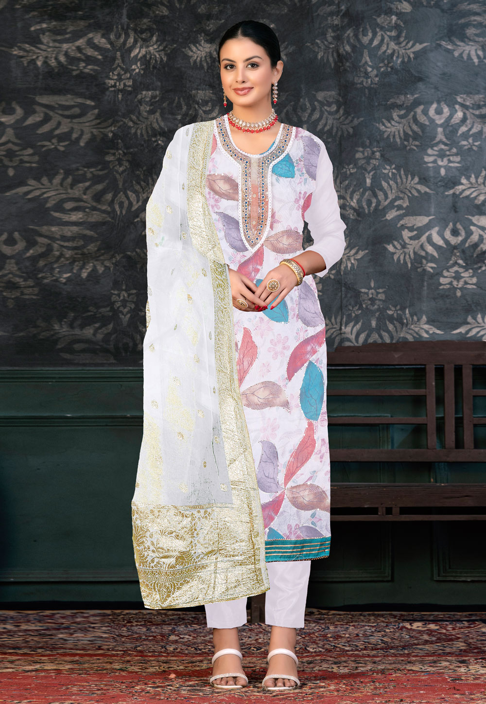 White Organza Pant Style Suit 272422