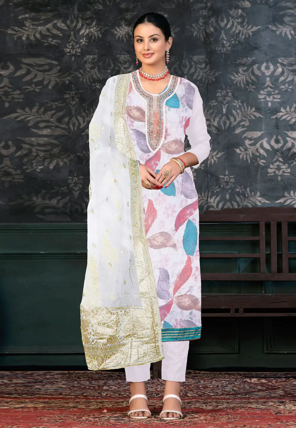 White Organza Pant Style Suit 272422